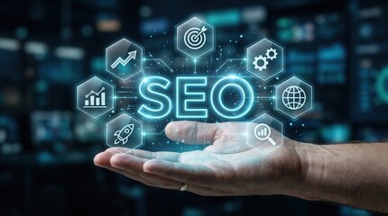 Fototapeta premium SEO concept with icons surrounding the word SEO, held in a human hand