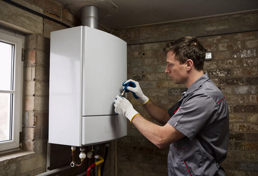 Technician adjusting condensing boiler in old community basement