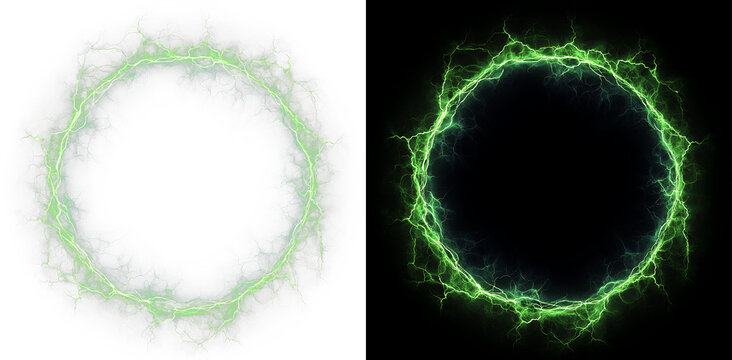 Neon green lightning circle with electric sparks and glowing energy frame, PNG