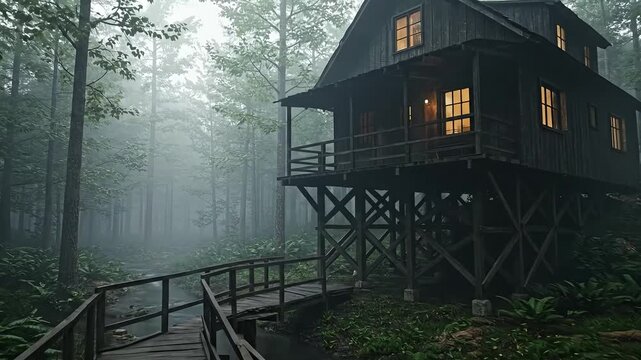 A rustic cabin on stilts in a foggy forest with a wooden pathway.
