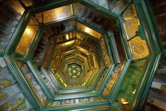 Ornate spiral staircase, descending into a dazzling, gilded abyss