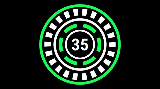 40-second gear-style countdown in green and white on black background with blinking outer ring, rotating inner dash ring, and changing center number.