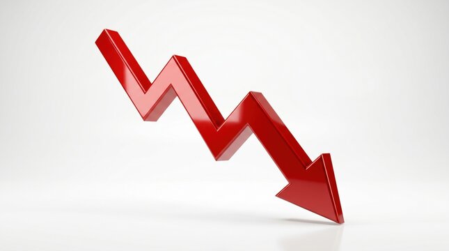 Red Downward Arrow Symbol: A bold, three-dimensional red arrow zigzags downwards, symbolizing a sharp decline in market trends or financial performance.