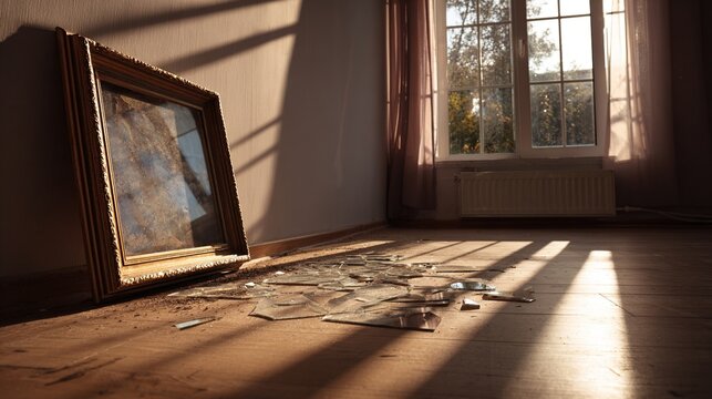 chamber. Empty room with a broken photo frame on a wooden floor. lifestyle magazines, social media lookbooks, designed for influencer and brand collaborations, used by event planners.