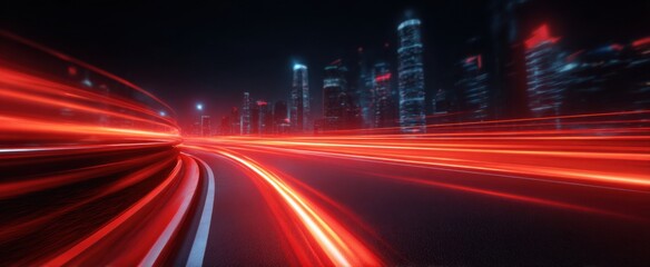 Fototapeta premium Radiant red neon laser beams pulse through vibrant urban streets conveying exhilarating energy and movement.