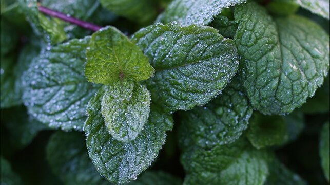 shallow. Fresh mint leaves with dewdrops in morning light, shallow depth botanical study. gardening catalogs, home-decor guides, designed for gardening and botanical catalogs, used by brand managers.