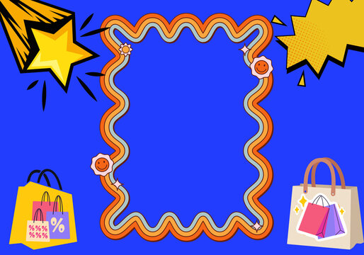 Fondo retro pop art para rebajas de verano con marco ondulado y bolsas de la compra, plantilla llamativa para cartel de ofertas y descuentos en tiendas.