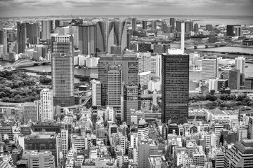 Naklejka premium Aerial view of Tokyo Minato district skyscrapers from high viewpoint sunny day Japan