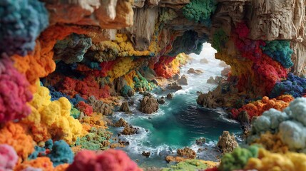 Fototapeta premium Vibrant colorful coral reef inside a rocky sea cave with turquoise water and natural sunlight