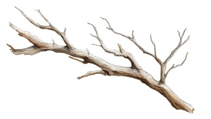 Fototapeta premium A single, gnarled, light-colored branch with many smaller twigs against white