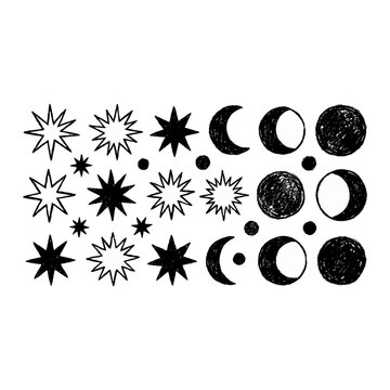 Hand drawn vector illustration of celestial stars and moon phases
