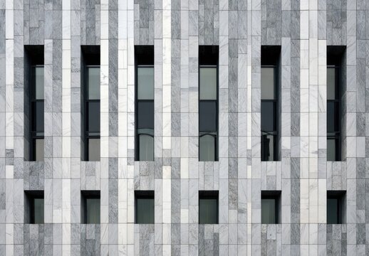 Modern building facade with repetitive vertical windows set in stone