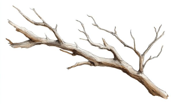 A single, gnarled, light-colored branch with many smaller twigs against white