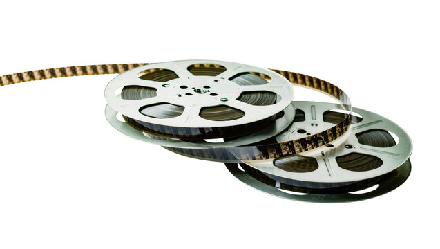 Isolated classic vintage movie film reels with unwound filmstrip, old cinema media entertainment
