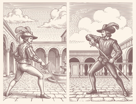 Vector engraving illustration of two historical swordsmen in feathered hats holding rapiers in an arched courtyard. Vintage monochrome art.