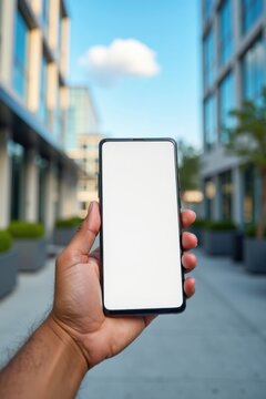 Una mano sostiene un elegante tel&eacute;fono inteligente con la pantalla en blanco, de pie sobre una acera exterior limpia y moderna