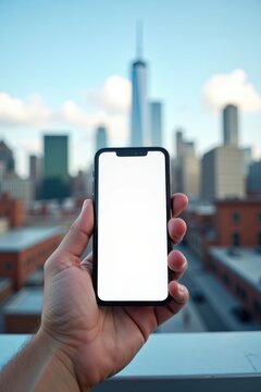Una mano sostiene un tel&eacute;fono con la pantalla blanca en blanco, en una azotea urbana al aire libre, con el horizonte de la ciudad al fondo