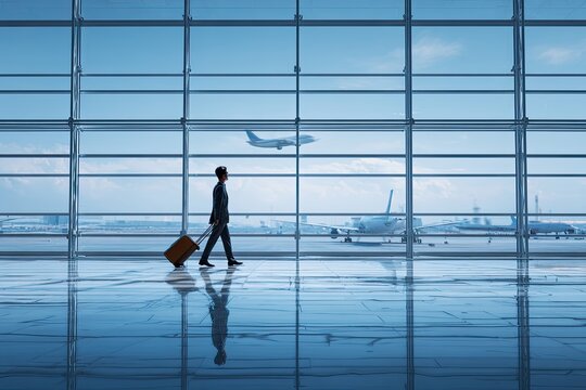 Businessman walks through bright airport with planes visible outside
