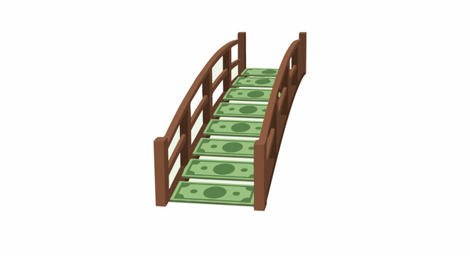 Miniature wooden bridge with dollar bill texture steps.