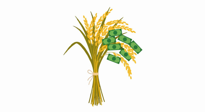 Illustration of wheat bundled with dollar bills inside.