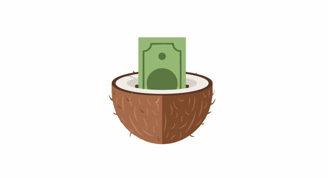 Green dollar bill inside cracked coconut illustration.