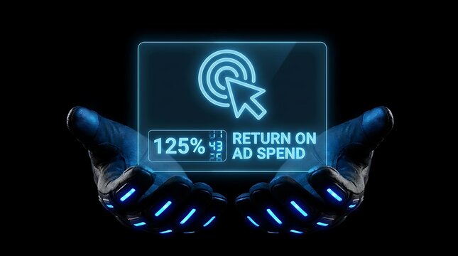 Futuristic Digital Hands Holding ROI Hologram for Return on Ad Spend Marketing Analysis.