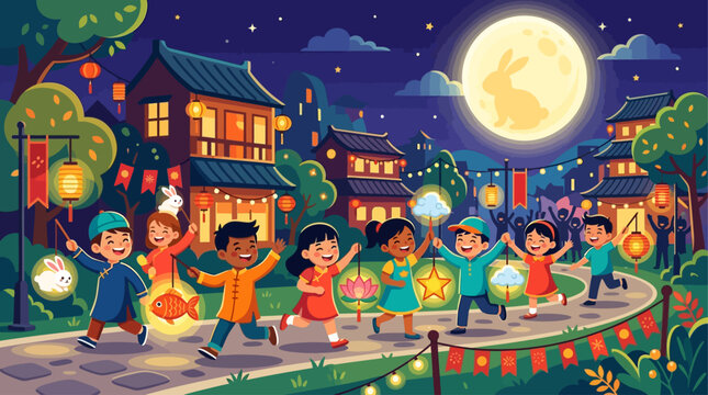 A cheerful flat design illustration capturing children participating in a Mid-Autumn Festival lantern parade under a bright full moon. 