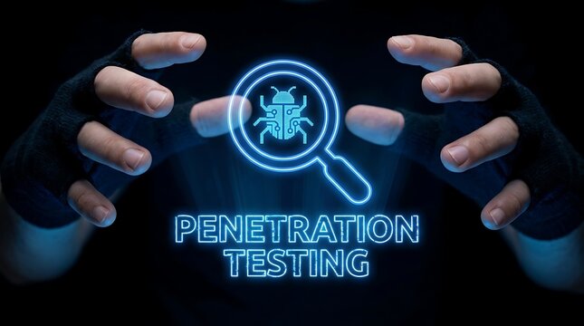 Cybersecurity Penetration Testing Concept with Bug Icon and Magnifying Glass.