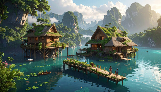 Houses on lake with mountains