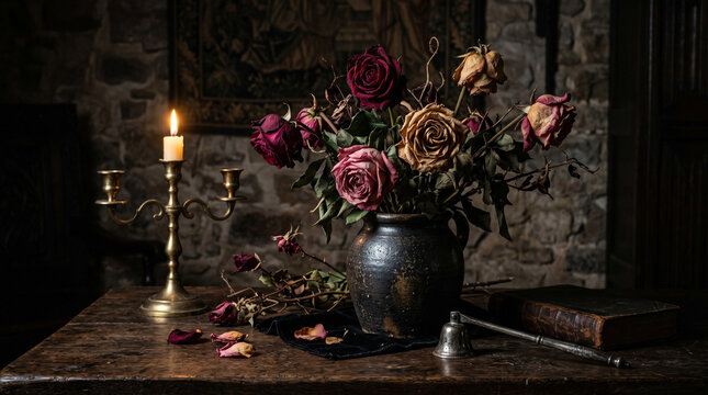 Dark Moody Still Life with Dried Roses in a Ceramic Vase, Lit Candle in Brass Candelabra, Old Leather Book, and Metal Snuffer on a Rustic Wooden Table against a Stone Wall and Tapestry.