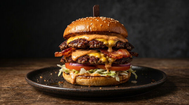 Gourmet double smash burger with crispy bacon, melted cheddar cheese, creamy special sauce, fresh lettuce, tomato, and red onion on a toasted sesame seed bun, served on a rustic wooden table.