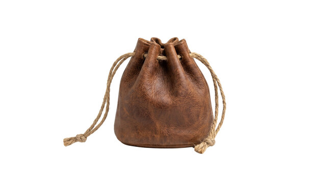 Brown leather drawstring pouch bag isolated on transparent background png