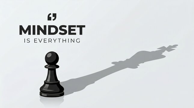 Pawn's Potential: A lone pawn chess piece casts a shadow of a king, symbolizing the power of mindset and the potential within.