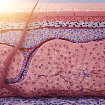 Detailed scientific illustration of human skin layers showing epidermis dermis hypodermis cells blood vessels and nerve endings under soft natural lighting