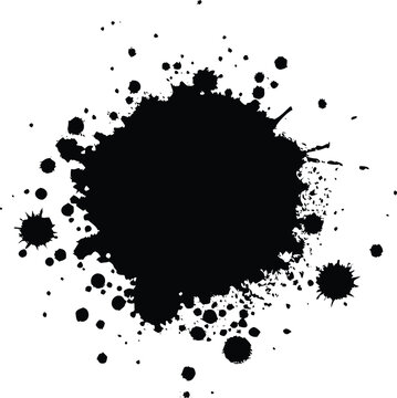 Intense black ink splatter with jagged edges and scattered droplets on a pristine white background