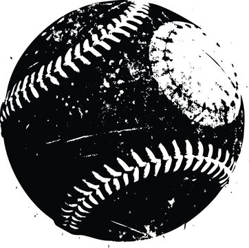 Inverted color baseball graphic displaying a grungy black ball with contrasting white stitches and textures