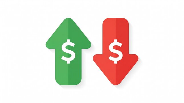 Up and Down Arrow with Dollar Sign: A clear visual representation of financial market trends, with a green upward arrow indicating growth and a red downward arrow signaling a decline.