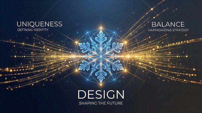 Intricate snowflake design radiating light symbolizes uniqueness, balance, and design concepts, harmonizing strategy and defining identity with glowing particles.