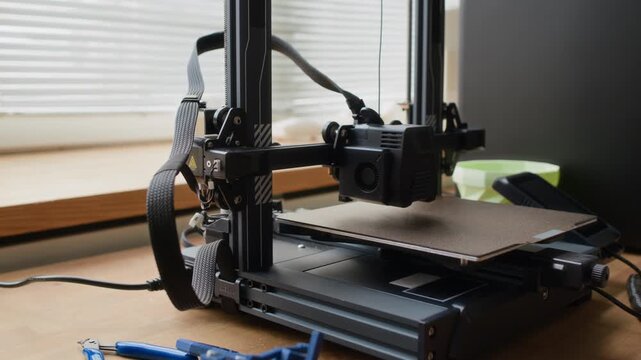 Close up low angle no people shot of 3D printer with print head and wires, with pair of wire cutters lying next to it on wooden workbench