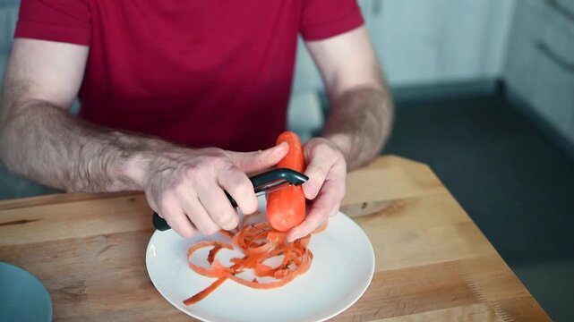 Man peeling fresh carrot with kitchen peeler on plate at home table video Full HD