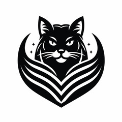 Fototapeta premium Black vector icon of a cat's face surrounded by a stylized heart shape with lines and stars on a white background.