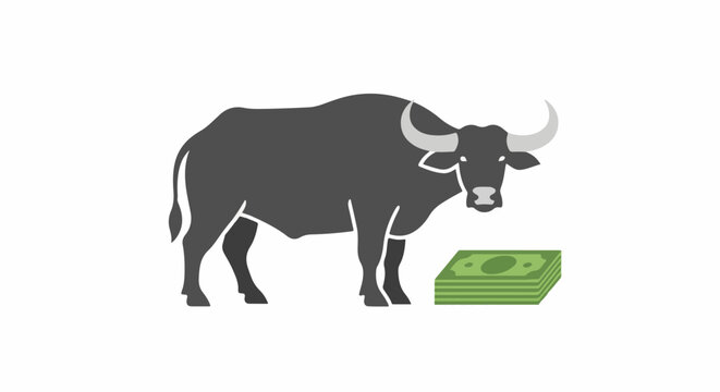 Illustration of bull with stack of money nearby.