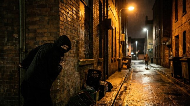masked man hiding behind a brick wall corner in a dark wet alley.