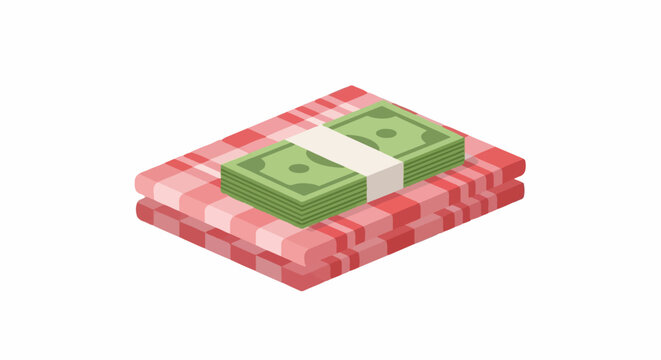 Stacked cash bundles on checkered fabric illustration.