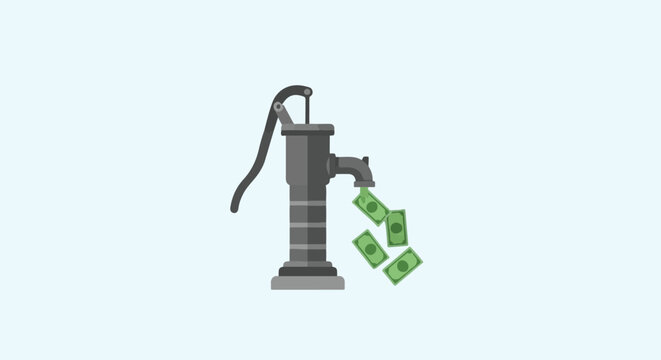 Old Water Pump Pouring Out Green Currency Notes.