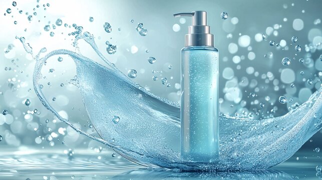 Skincare product bottles with splashing water droplets