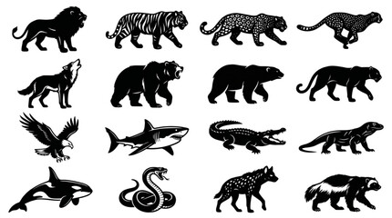Obraz premium Collection of Silhouette Wildlife Icons: A graphic compilation featuring a variety of powerful animals rendered in silhouette, including a lion, tiger, panther, wolf, bear, eagle, shark, crocodile.
