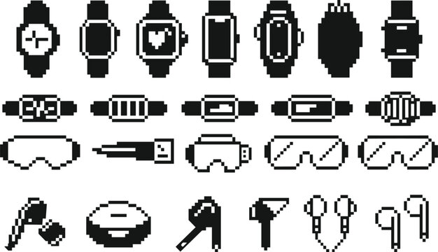 Pixel Art Wearable Tech Icon Set Featuring Smartwatches Fitness Trackers VR Headsets Smart Glasses Wireless Earbuds and Electronic Gadgets for Game Design