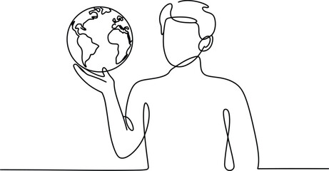 Continuous single line drawing of a person holding a globe of the earth in their hand with minimalist environment protection abstract illustration sustainability earthday geography © MstAsmaAkter