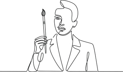 Single line drawing of a business professional holding a pen or stylus indicating leadership and writing ideas with business professional leadership strategy planning management corporate © MstAsmaAkter